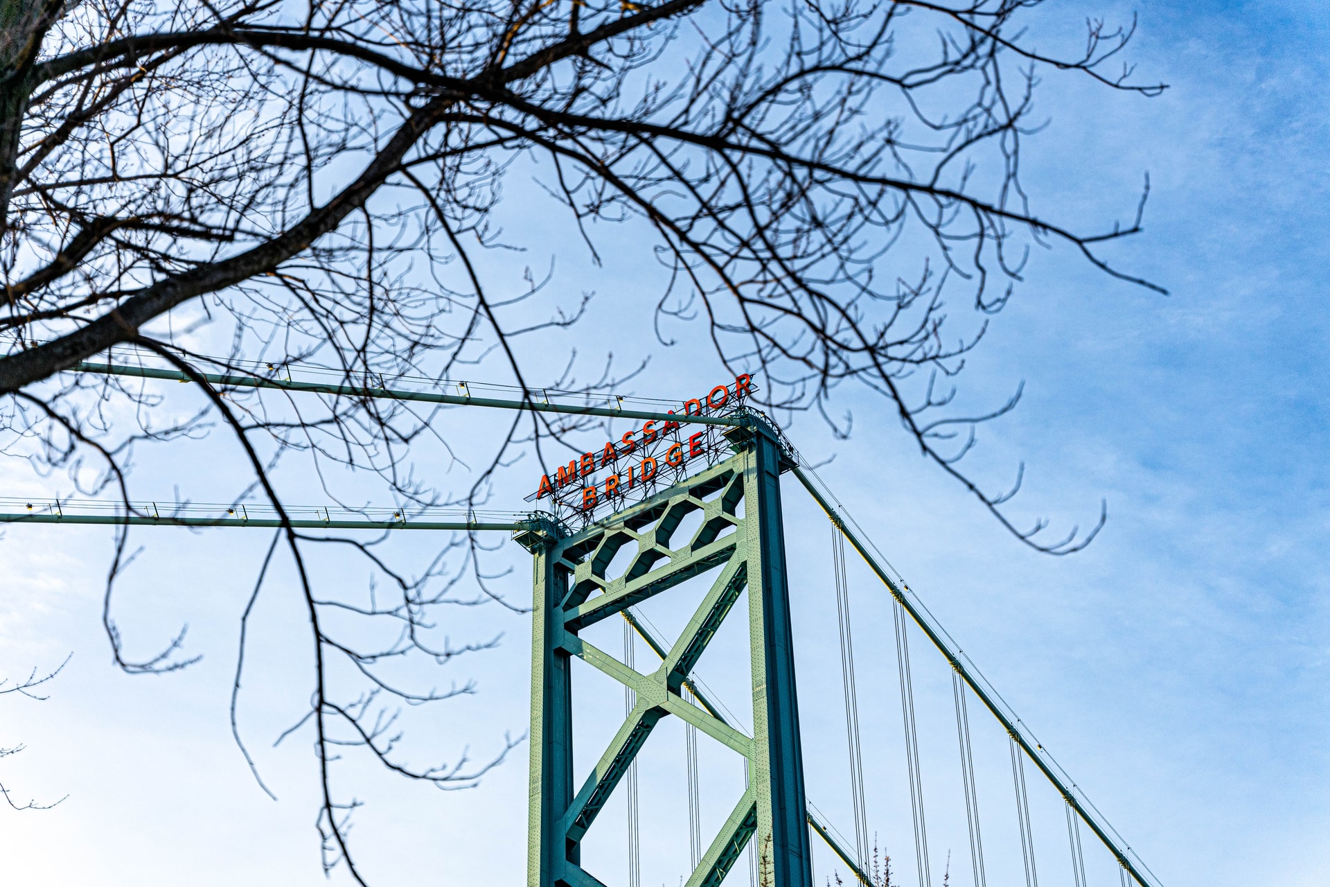 A view of the Ambassador Bridge which separates Windsor, Ontario from Detroit, Michigan
