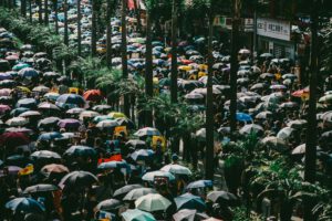 An aerial shot of a protest in Hong Kong