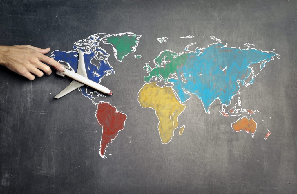 Map with airplane representing work visas for Canadians in the United States