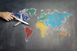 Map with airplane representing work visas for Canadians in the United States