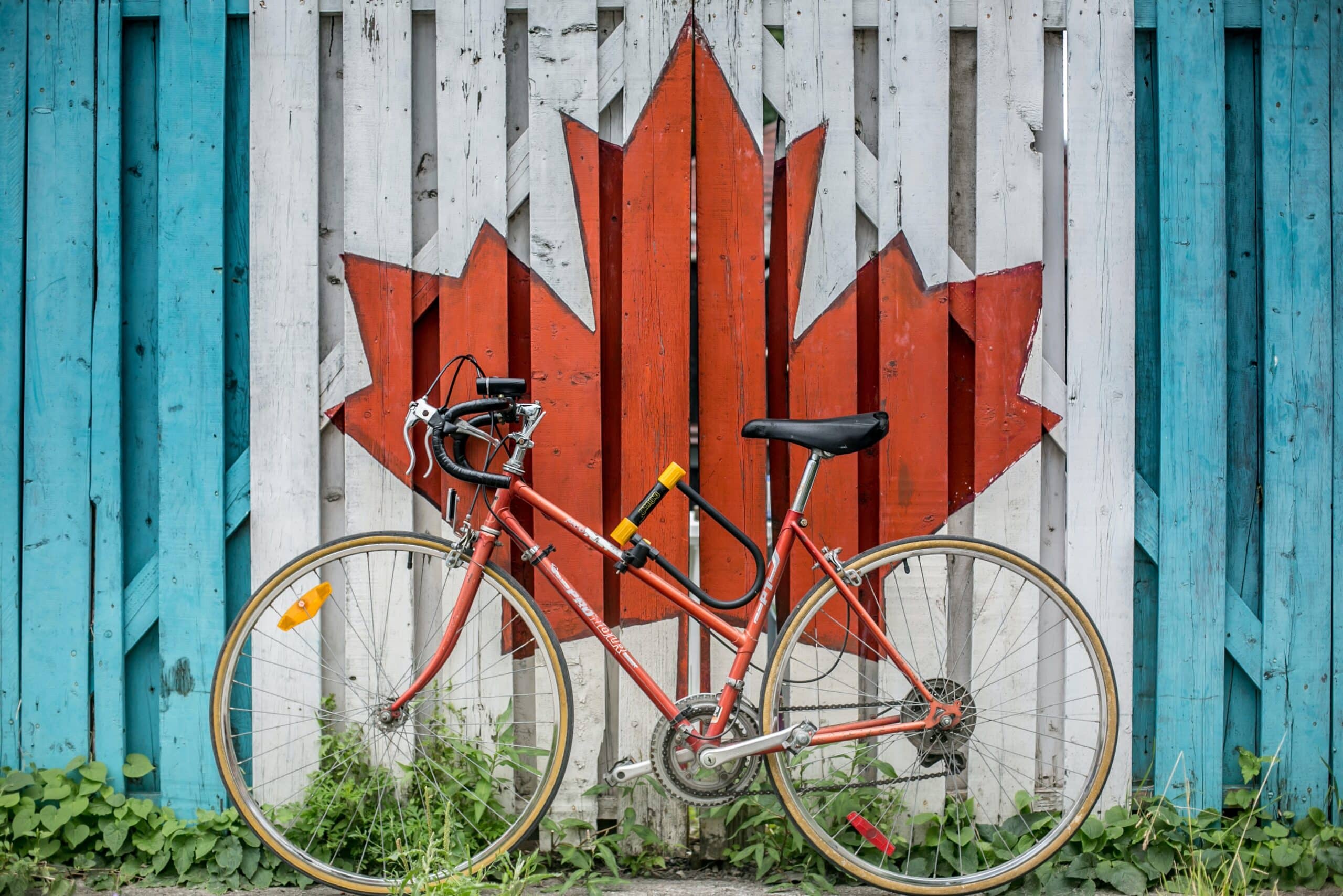 Bike with a red maple leaf representing medical or criminal in admissibility to Canada