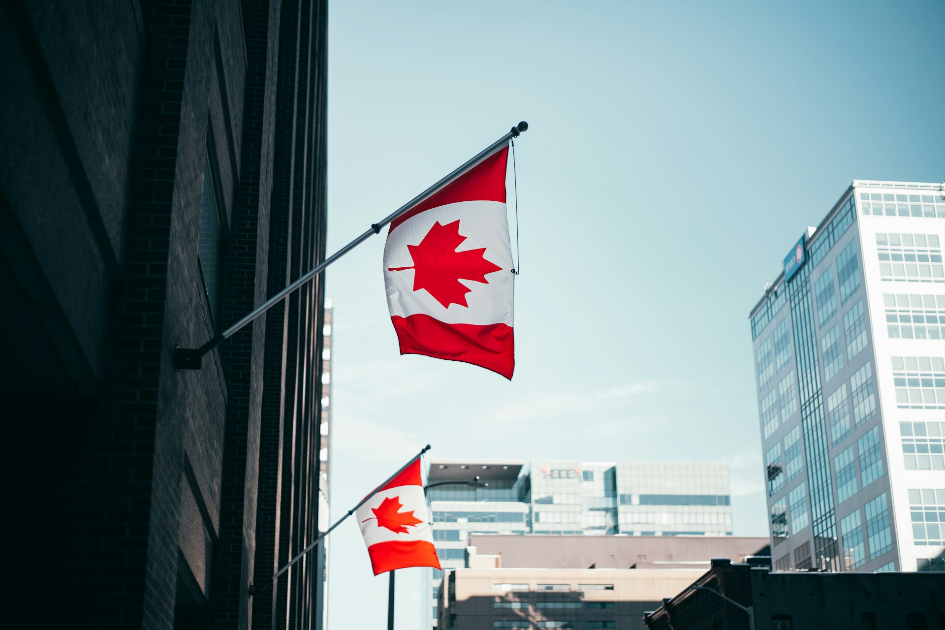 Two Canadian flags mounted on the side of a building with office buildings against a blue sky in the background, representing incomplete immigration applications.